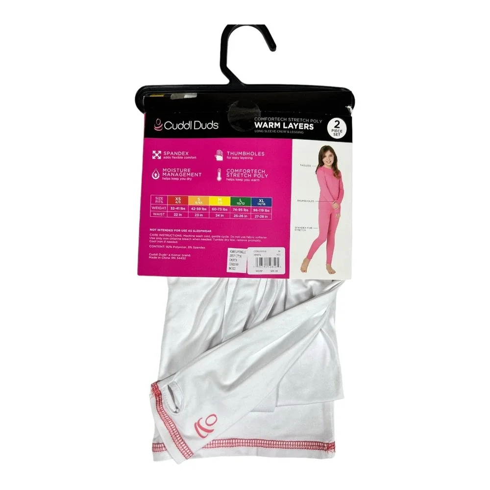 Cuddl‎ Duds Girls Warm Layers 2 Piece Set Long Sleeve Crew Legging White M